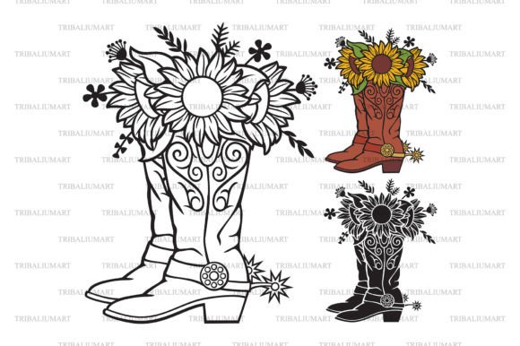Cowboy Boots with Sunflowers and Plants